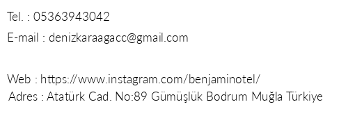 Benjamin Hotel telefon numaralar, faks, e-mail, posta adresi ve iletiim bilgileri